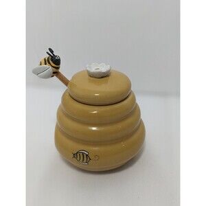 Beehive Honey Pot - Miel Ceramic Jar w/ Daisy Handle Lid Wood Bumble Bee Dipper
